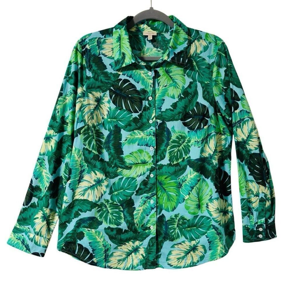 Talbots Tropical Leaf-Print Button-Down Shirt in Green and Teal